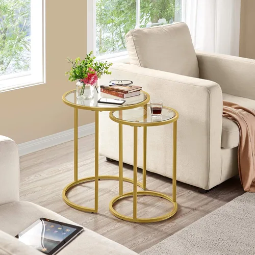 Vista 4 de Topeakmart Mesas auxiliares anidables, mesa auxiliar de decoración moderna, juego de 2 para sala de estar con superficie de vidrio templado