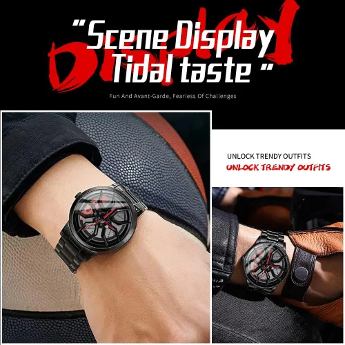 Vista 7 de BOYADKA Relojes de automóvil para hombre, reloj de rueda de automóvil con movimiento de cuarzo japonés, reloj de pulsera impermeable de acero