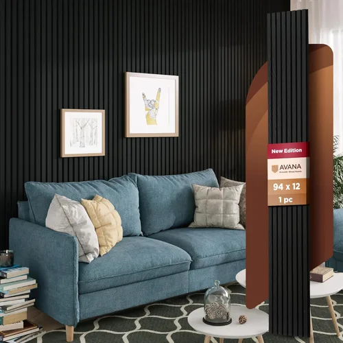 Vista 57 de Avana Paneles de pared de madera acústica de 94.4 x 12.6 pulgadas, 2 piezas de paneles acústicos de roble negro, paneles de pared para decoración