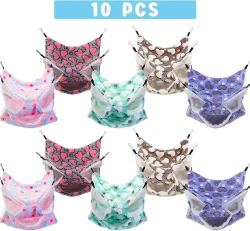 Vista 5 de Sadnyy Hamaca de rata de conejillo de indias, 10 piezas, doble capa, hurón, cama para dormir, juguetes para animales pequeños, jaula colgante hamaca