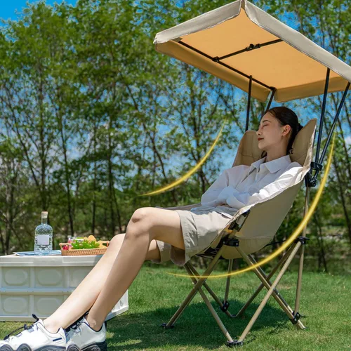 Vista 2 de AMONIDA Portable High Back Folding Chair with Shade Canopy for Camping Beach Fishing, Lightweight Steel Frame Khaki