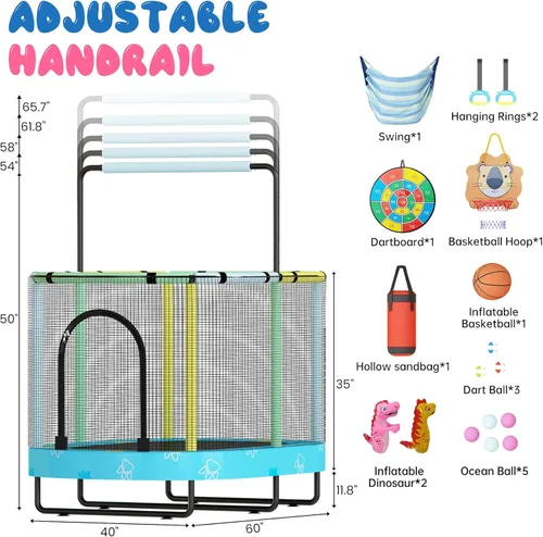 Vista 9 de Lamerge Kids Trampoline, Toddler Bouncing Trampoline with Safety Enclosure Net, ASTM-Approved, 500lbs Capacity, Ages 1-8, Adjustable Handrail