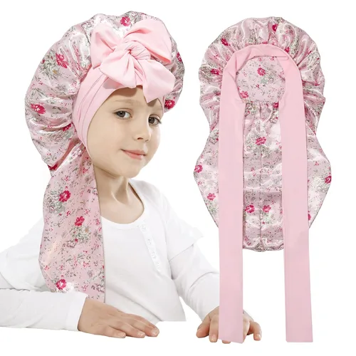 Vista 15 de AWAYTR Gorro largo de seda para dormir, gorro elástico de satén para cabello rizado, gorro de noche para niños de 3 a 12 años (negro)