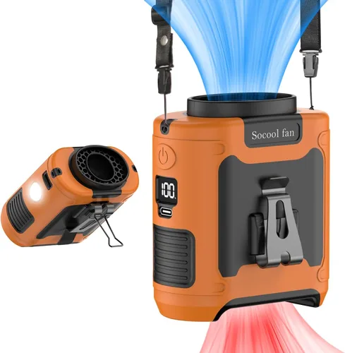 Socool - Ventilador portátil de 10 000 mAh, clip para el cinto, batería recargable, 5 velocidades, linterna, para el cuello, manos libres, 40 horas,