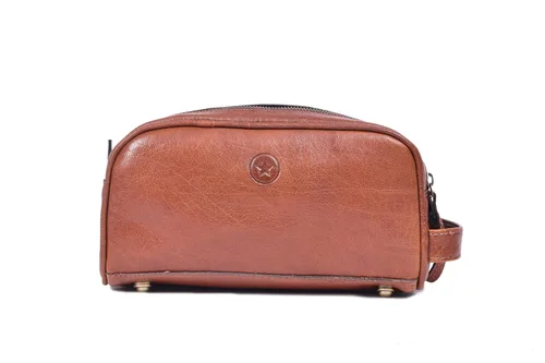 Vista 2 de Neceser de viaje de cuero premium de 10" con forro impermeable Kit Dopp vintage hecho a mano tamaño King de Aaron Leather Goods, I Marrón