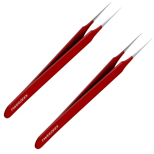Vista 7 de Pinzas para el cabello encarnado Punta puntiaguda Rojo Acero inoxidable de precisión Extra afiladas y perfectamente alineadas