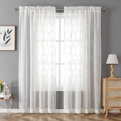 Vista 2 de VISIONTEX Cortinas traslúcidas blancas de 95 pulgadas de largo, juego de 2 paneles de cortinas beige marroquíes bordadas en enrejado, textura