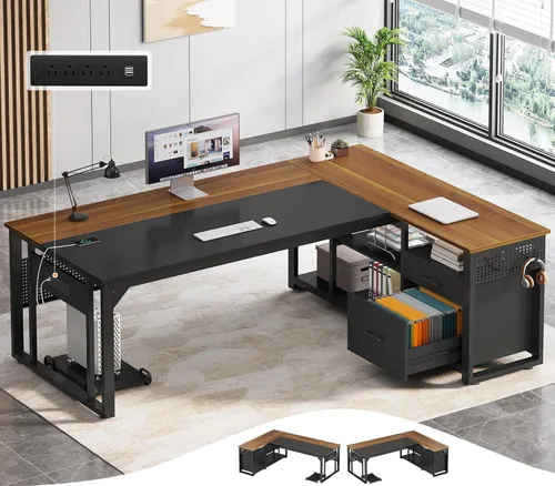 Vista 8 de Escritorio ejecutivo de 71 pulgadas con tomas de corriente, escritorio reversible en forma de L con cajones de archivos y estantes de Negro