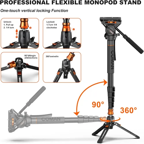 Vista 4 de Monopod de cámara profesional con pies, monopie de video de viaje portátil de aluminio de 73.2 pulgadas con base de trípode extraíble, carga máxima