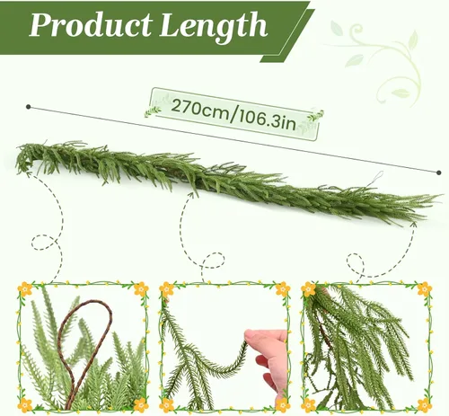 Vista 4 de Guirnaldas artificiales de pino Norfolk de 2.7 m con luces, guirnalda de vegetación navideña de toque real para manto, escalera, barandilla