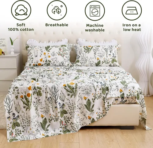 Vista 2 de QSH Sábanas 100% algodón para cama tamaño Queen, patrón de plantas de flores amarillas botánicas de algodón de lujo con estampado floral