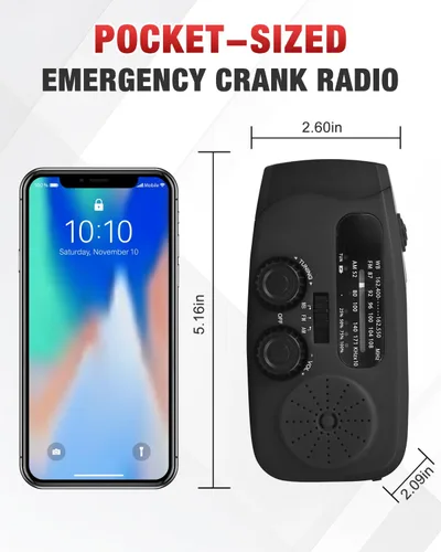 Vista 7 de Radio de emergencia manual con manivela Emgykit - Radio solar manual de 2000mAh/7400mWh AM/FM/NOAA con 3 linternas LED, función SOS para Negro