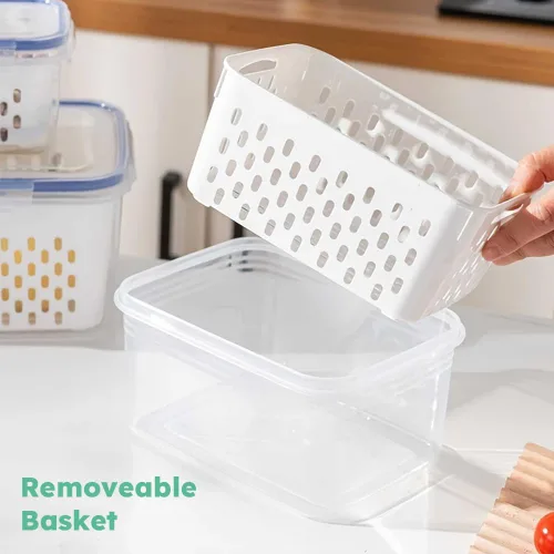 Vista 4 de 2 recipientes de almacenamiento de frutas para refrigerador, con coladores extraíbles y tapa, recipientes de almacenamiento de alimentos