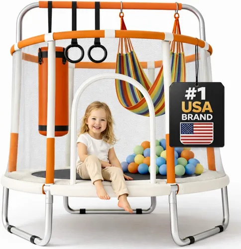 Vista 8 de Happin® 55’’ Trampoline for Kids with Safety Enclosure, Indoor & Outdoor Toddler Trampoline, Ultra Safe Design with Multi Activity Accessories