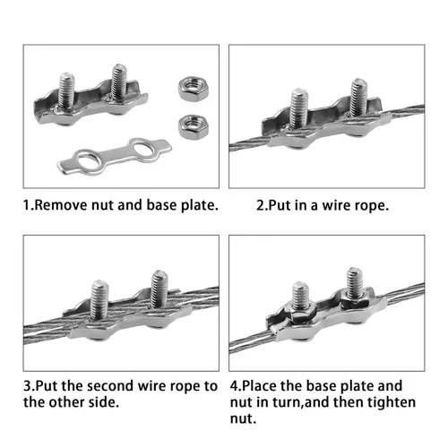 Vista 7 de Abrazaderas de cable dúplex de acero inoxidable 304 de 2 postes TTZEZE de doble perno para cuerda de alambre de 1/16 pulgadas de diámetro, paquete