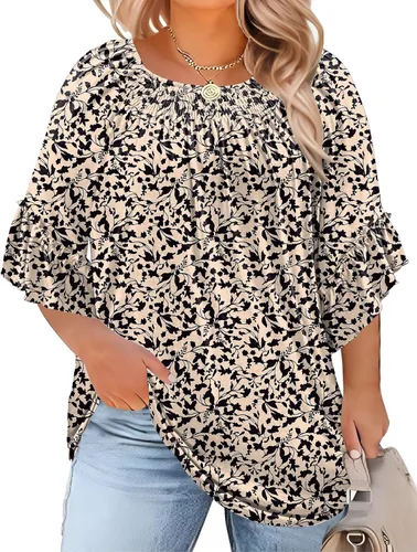 Micoson Blusas de Talla Grande para Mujer con Mangas 3/4 con Volantes, Cuello Redondo, Blusas Plisadas Elegantes Casuales de Moda, Blusa Túnica