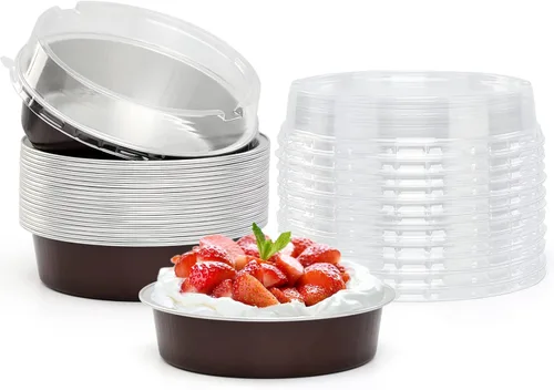 Vista 65 de Beasea Paquete de 20 Moldes para Cheesecake con Tapas, 8 Oz, 4 Pulgadas Moldes Redondos de Papel de Aluminio para Tartas, Contenedor para Muffins