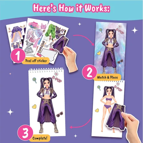 Vista 4 de BSCOOL Sticker Dress up K-Pop - Libro de actividades con calcomanías para niños, diseño de moda para niñas con calcomanías y guías para niños de 5