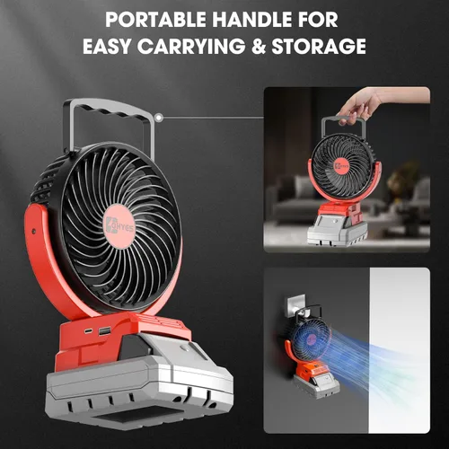 Vista 5 de ohyes Ventilador inalámbrico de 5 pulgadas para Milwaukee batería de 18 V, motor sin escobillas, velocidad variable, carga rápida USB