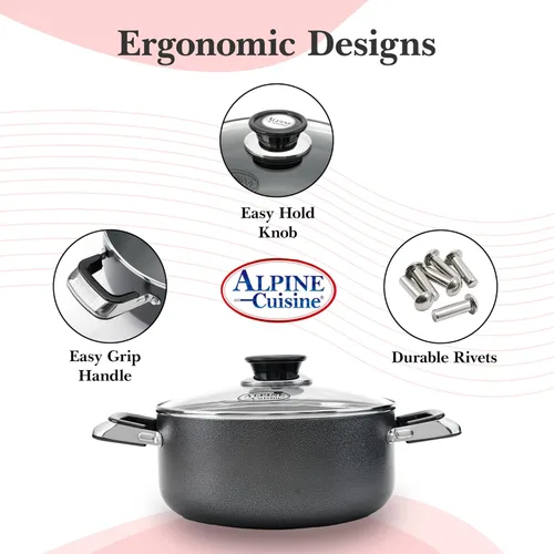 Vista 2 de Alpine Cuisine Olla antiadherente de 4 cuartos con tapa de vidrio templado y asas de transporte, utensilios de cocina multiusos, horno holandés