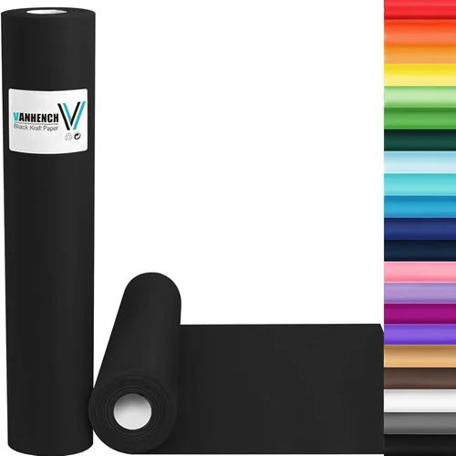 Vanhench Papel de Envolver Negro de 15" x 1200" (100'), Papel Negro para Manualidades Arte Construcción Póster Tablón de Anuncios, Ramo Floral