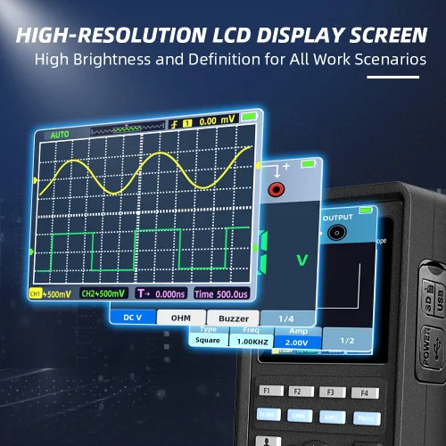 Vista 3 de Hantek Osciloscopio 2D72, 2+1 CH 70MHz con generador de formas de onda y multímetro, probador multifunción 3 en 1, 2CH+AFG+DMM