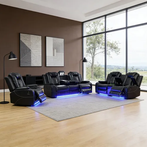Vista 34 de Juego de sofá reclinable eléctrico para sala de estar, juego de sofá reclinable de pana con luces LED, puertos USB, almacenamiento oculto, juego