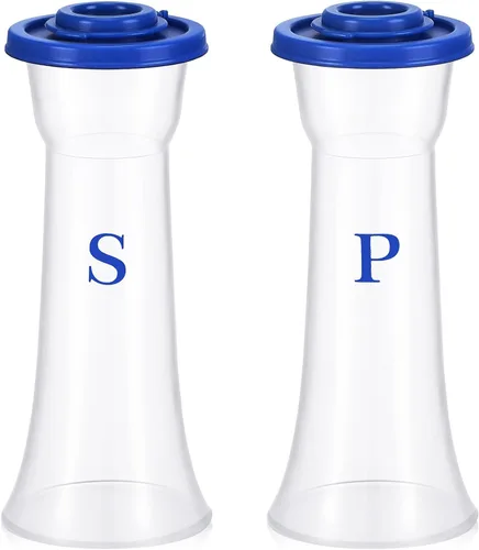 Vista 16 de Juego de 2 saleros y pimenteros de plástico con tapas, grandes cubiertos con reloj de arena a prueba de humedad, recipiente para el hogar