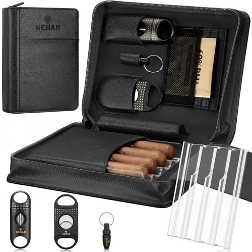 KEJIAR Estuche humidor de puros, caja de puros portátil con cortador de puros en V, cortador de puros recto, perforador de puros, paquetes