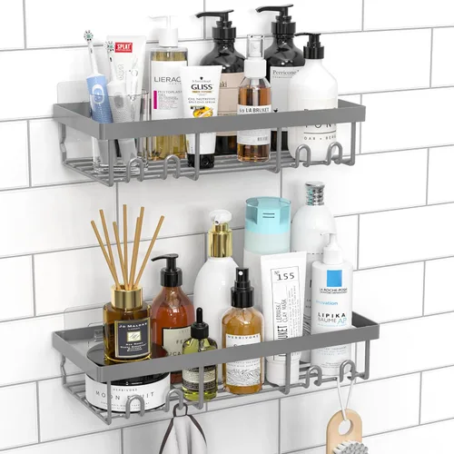 Vista 8 de Moforoco Estante organizador de estante para ducha, cesta autoadhesiva negra para estantes de baño, decoración interior de pared de casa de campo