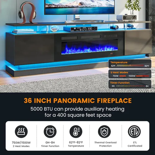 Vista 5 de Juego de Mesa Moderno Incluye Soporte de TV con Chimenea de 70" y Mesa de Centro de 47" con Estación de Carga y Puertos USB, para Sala de Estar Negro