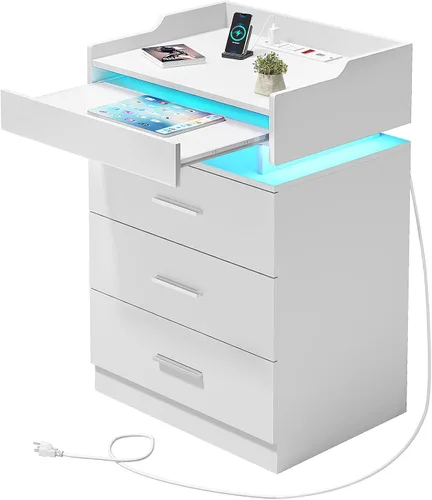 Vista 8 de White Nightstand Set of 2,LED Night Stand with Charging Station & Pull-Out Tray,Bedside Table with Drawers,Modern End Table Side Table Storage