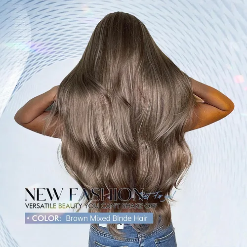 Vista 4 de Allbell - Pelucas marrones para mujeres negras, largas, onduladas, ombré, color rubio, con flequillo, pelucas sintéticas de cabello de reemplazo