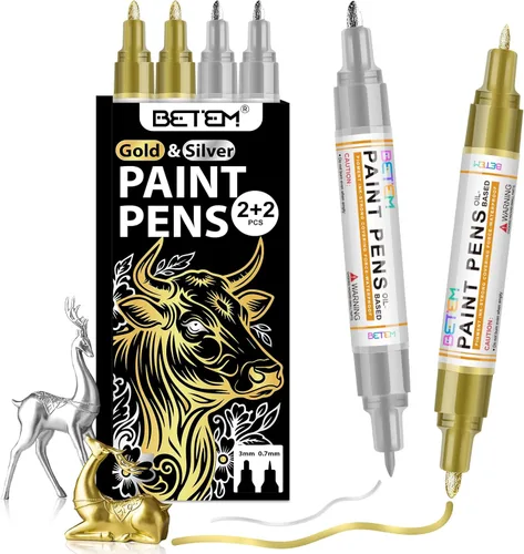 Betem Marcadores de pintura a base de aceite, bolígrafos de pintura de doble punta (0.028 in y 0.118 in), rotulador permanente dorado plateado, 2