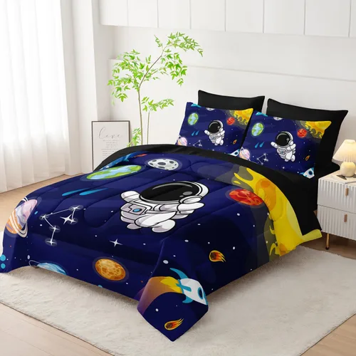 Vista 2 de AILONEN Juego de edredón para niños con temática de astronautas de dibujos animados tamaño individual, lindo juego de ropa de cama con cohetes