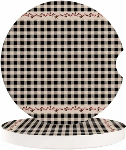 Car Coasters Set of 2 Absorbent Ceramic Stone for Drink, Retro Black White Checkered Car Accessories Cup Holder Insert Coasters for Auto Vehicles