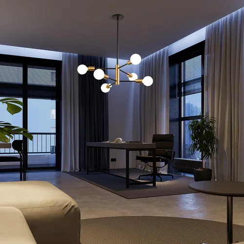 Vista 3 de KAISITE - Candelabro Moderno Sputnik - Candelabro de 6 Luces con Ajuste de Altura, Acabado en Negro y Oro para Cocina, Dormitorio y Vestíbulo