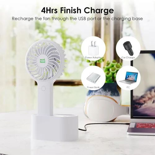 Vista 3 de Minthouz Mini ventilador de escritorio portátil, rotación automática de 90, recargable por USB de 2000 mAh, 3 velocidades, ventilador pequeño