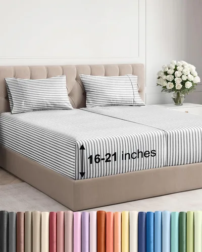 Vista 119 de Juego de sábanas tamaño Queen con bolsillos extra profundos, sábanas transpirables y refrescantes de 4 piezas, ropa de cama de lujo para hotel