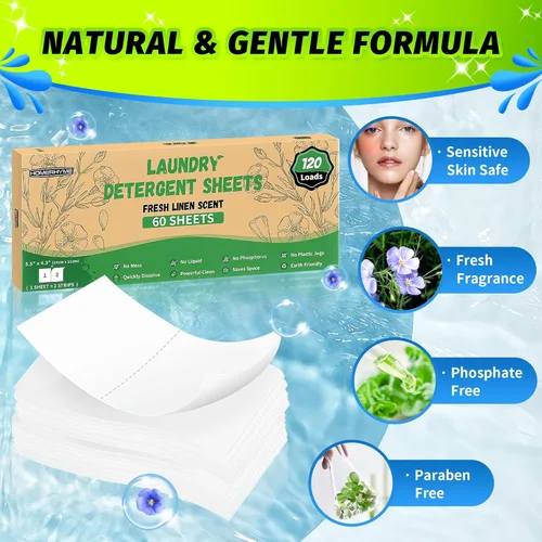 Vista 3 de Sábanas de detergente para ropa – Fresh Linen 120 Cargas de detergente para ropa sucia a granel, detergente de viaje a granel, ecológicas e