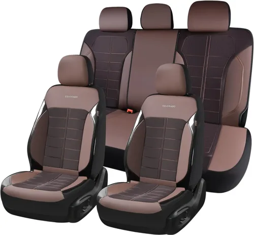 Vista 38 de Coverado Front Seat Leather Covers, Full Leather Construction with Carbon Fibre Weave, Universal Fit for Most Cars SUV Trucks (Beige)