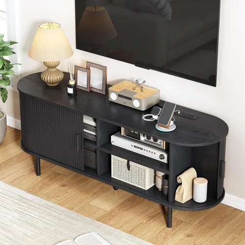 Vista 3 de Soporte de TV de 55 pulgadas con toma de corriente, consola multimedia moderna con puertas correderas, centro de entretenimiento para televisores