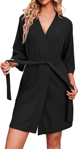 Ekouaer Batas para mujer, de punto gofre, suave, ligera, hasta la rodilla, tallas S-XXL