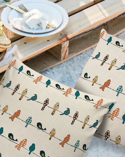 Vista 2 de Juego de 2 fundas de almohada decorativas para exteriores, fundas de almohada suaves, impermeables, 16 x 16 pulgadas, pájaros en los alambres