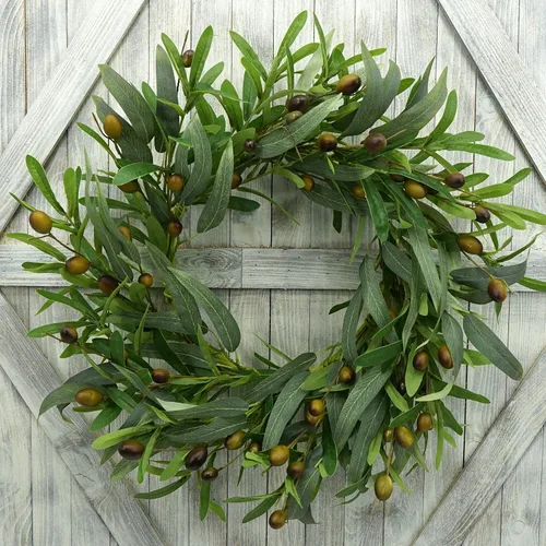 AMF0RESJ - Corona artificial de 20 pulgadas de hojas verdes de olivo, corona de vegetación con hojas de olivo, frijol para puerta delantera Hojas de