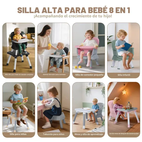 Vista 2 de TODEFULL Silla Alta para Bebé, Sillas Altas Convertibles 8 en 1 para Bebés y Niños, Asiento Elevador para Comer/Mesa de Bloques de Construcción