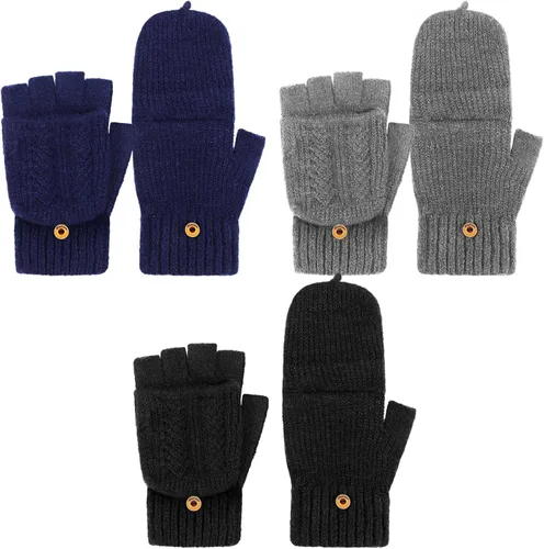 3 pares de guantes de punto convertibles sin dedos de punto de invierno con dedos sin dedos guantes con cubierta para mujeres y hombres