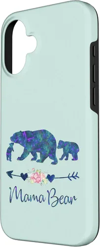 Vista 2 de Teal Blue Purple Floral Mama Bear and Two Cubs Green Mint Case for iPhone 16