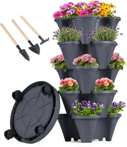 GameXcel Maceta vertical – Macetas apilables de 5 niveles con ruedas y herramientas, macetas para plantas de fresa, hierbas, flores y verduras, uso