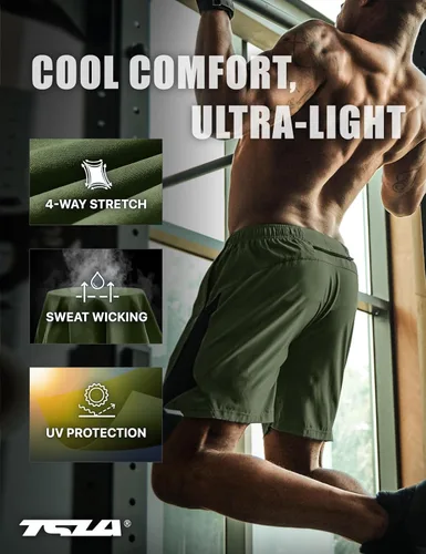 Vista 4 de TSLA Pantalones cortos de correr para hombre, pantalones cortos de entrenamiento para ejercicio, secado rápido, pantalones cortos de rendimiento